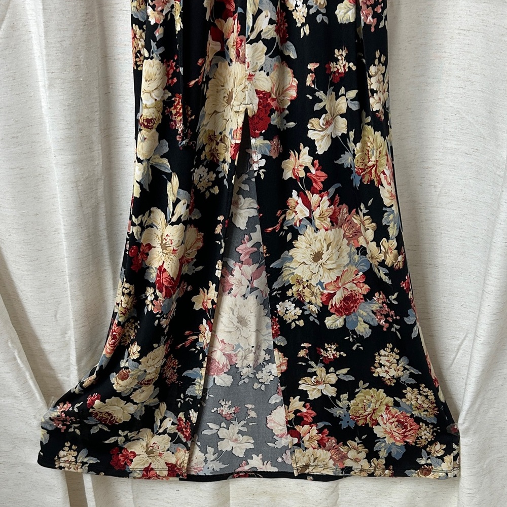 Black Floral Wrap Maxi Dress with Red & Cream Blooms - Picture 3 of 8